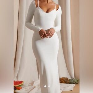 Oh Polly Long Sleeved Exposed Bra Bodycon Maxi Dress White